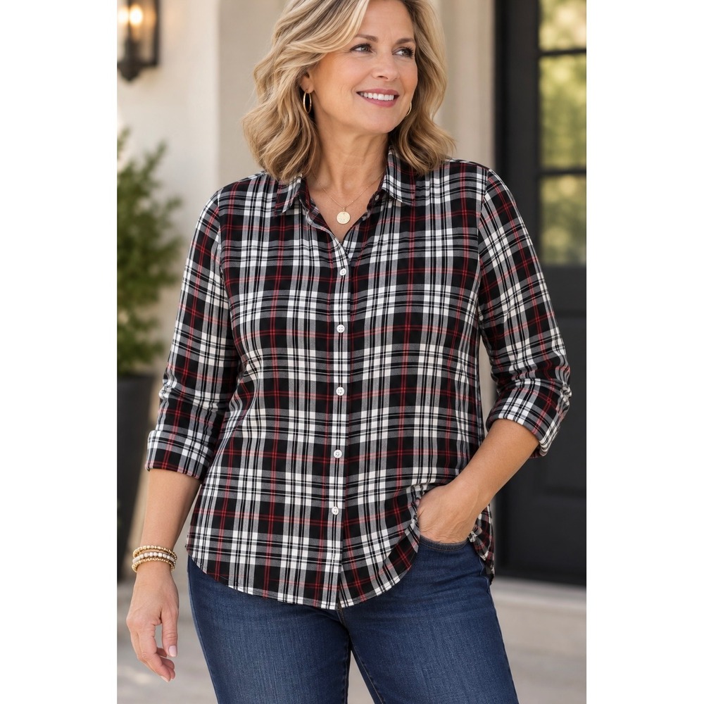 Charter Club Red Black White Plaid Button Down Shirt 10P Petite Cotton Blouse